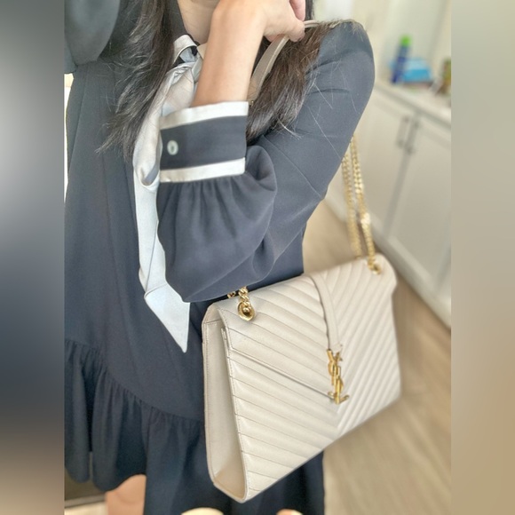 Auth SAINT LAURENT Grain De Poudre Matelasse Chevron Large Monogram Satchel Bag - Picture 14 of 16